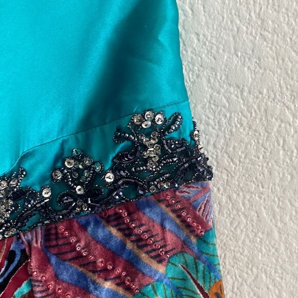 Y2K Caché Peacock Pattern Silk Beaded Halter Top - Picture 5 of 9